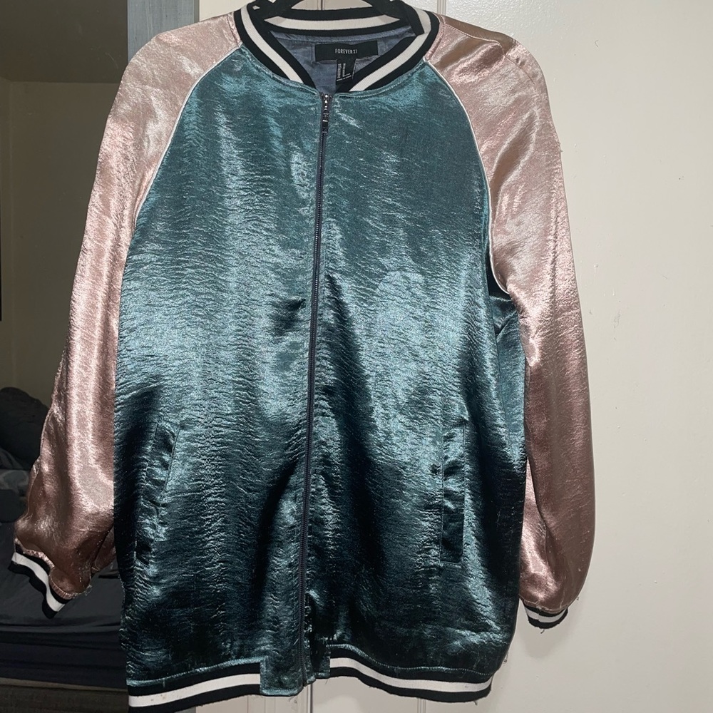 FOREVER21 pink and green silky bomber jacket with black & white striped lining.